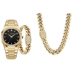 Ed Hardy Men's Shiny Gold Metal Alloy Bracelet Watch 42mm Gift Set